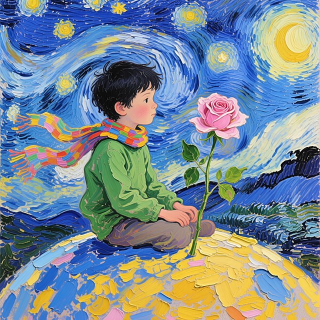 梦幻与浪漫交织的插画风作品，融合厚涂与油画质感，以印象画派笔触描绘星空下的少年与玫瑰，唯美元素满溢，文艺气息浓厚。