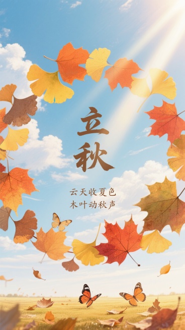 画面风格为清新治愈的水彩风，以橙红、明黄、浅棕为主色调。主体是由层层叠叠的银杏叶与枫叶拼贴成的圆形构图，圆心处用毛笔书法写着 “立秋” 二字，字体浑厚有力，边缘晕染出淡淡的橙黄色泽。文字下方搭配一行小预览效果