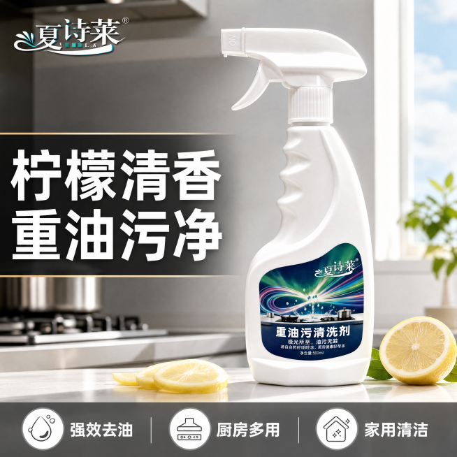 [主图-1] 夏诗莱重油污清洗剂首图场景展示
[氛围风格] 明亮洁净的现代厨房氛围，清爽实用感
[画质] 商业摄影质感、光线柔和通透、产品清晰真实、画面干净高级
[元素] 夏诗莱重油污清洗剂喷雾瓶居中预览效果