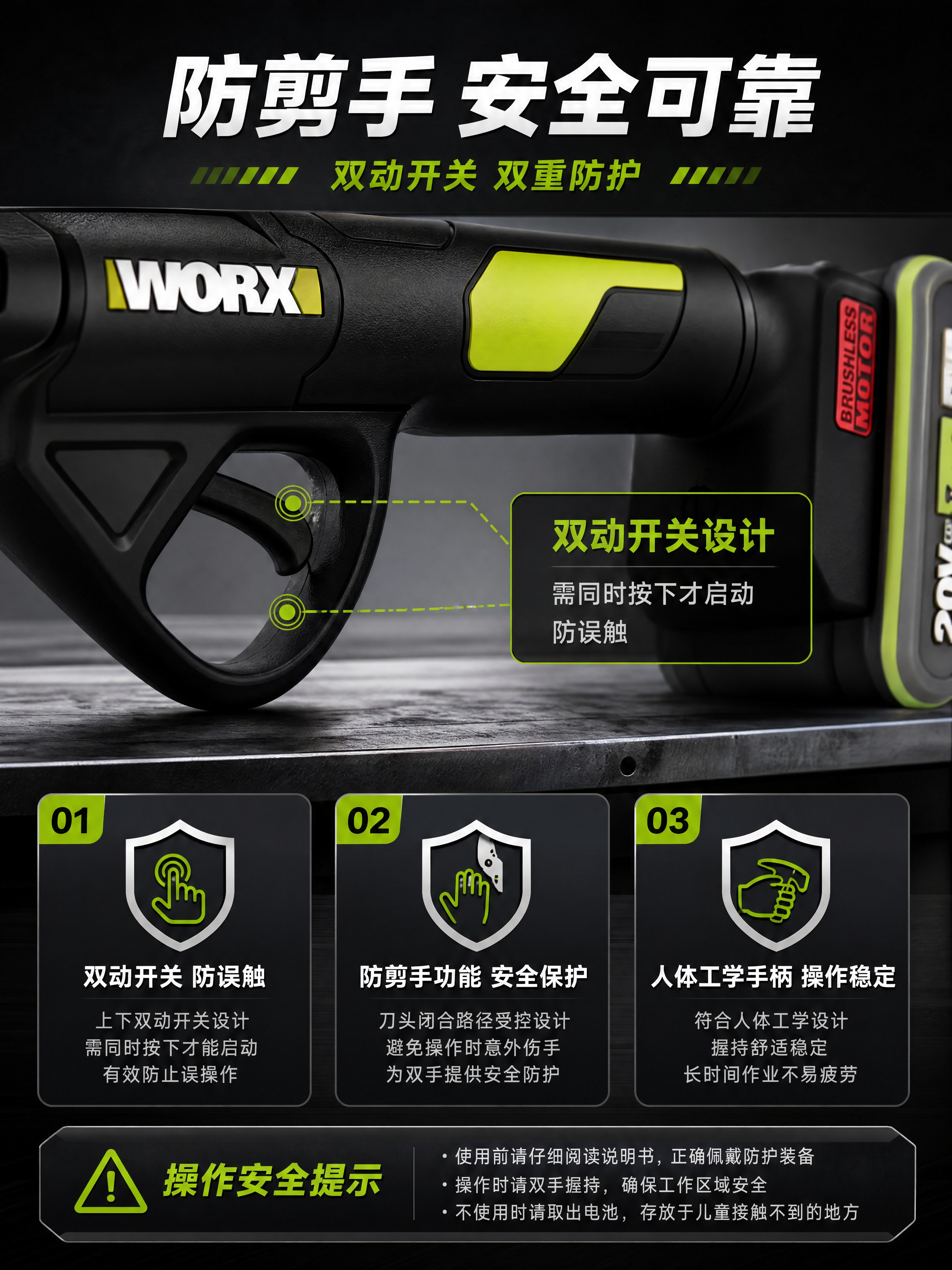 [详情图-5] 防剪手+双动开关安全解析图，主题：防剪手功能… - 图片创意预览