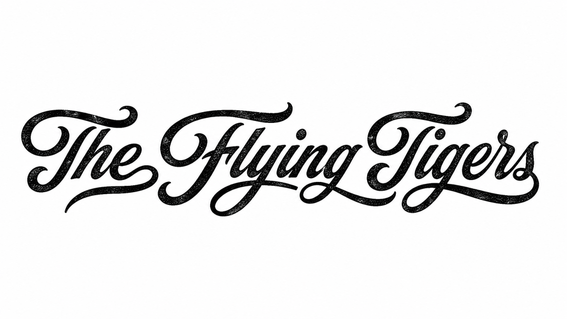 纯黑色字体，纯白色背景，干净的背景，创意手写体字体设计三个字"The Flying Tigers"，所有文字单行横向排列，将字体进行大幅度抽象变形。美式复古手写花体字，模仿复古美国字体设计风格，字母连预览效果
