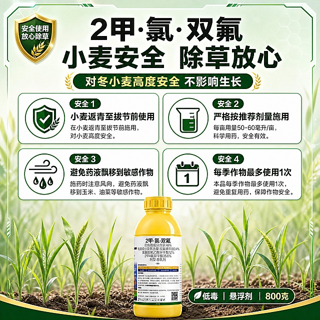 [主图-7] 2甲·氯·双氟 小麦阔叶草专用除草剂 安全性与注意事项图。
[统一基调] 高端农资农技风格 深绿+金黄麦穗主色调 白色主标题字 深绿辅助字 金黄强调色 粗黑无衬线字体 硬朗科技感卡片边框 满版高信息密度构图。
[画面] 画面中心上方大标题 中部为4个安全要点图标卡片 2x2排列 每个卡片含图标和文字 画面底部放置黄色瓶身除草剂产品 横向居中 占画面约25% 背景为浅绿色渐变 融入小麦幼苗图案 表现对小麦安全 左上角有盾牌安全标识。
[光影质感] 信息图质感 图标简洁清晰 产品瓶身有自然光泽 底部接触阴影 整体光线明亮 安全可靠感。
[配色] 浅绿安全背景 深绿文字 金黄盾牌图标 黄色瓶身产品 卡片白底深绿字。
[文字版式] 顶部粗黑体大标题 小麦安全 除草放心 副标题 对冬小麦高度安全 不影响生长 中部4个卡片 安全1 小麦返青至拔节前使用 安全2 严格按推荐剂量施用 安全3 避免药液飘移到敏感作物 安全4 每季作物最多使用1次 底部产品旁小字 低毒 悬浮剂 800克 全部横排。
[输出要求] 1:1正方形 文字清晰 图标清楚 产品清晰 禁止变形 禁止错字 禁止模糊 禁止水印 禁止平台Logo。