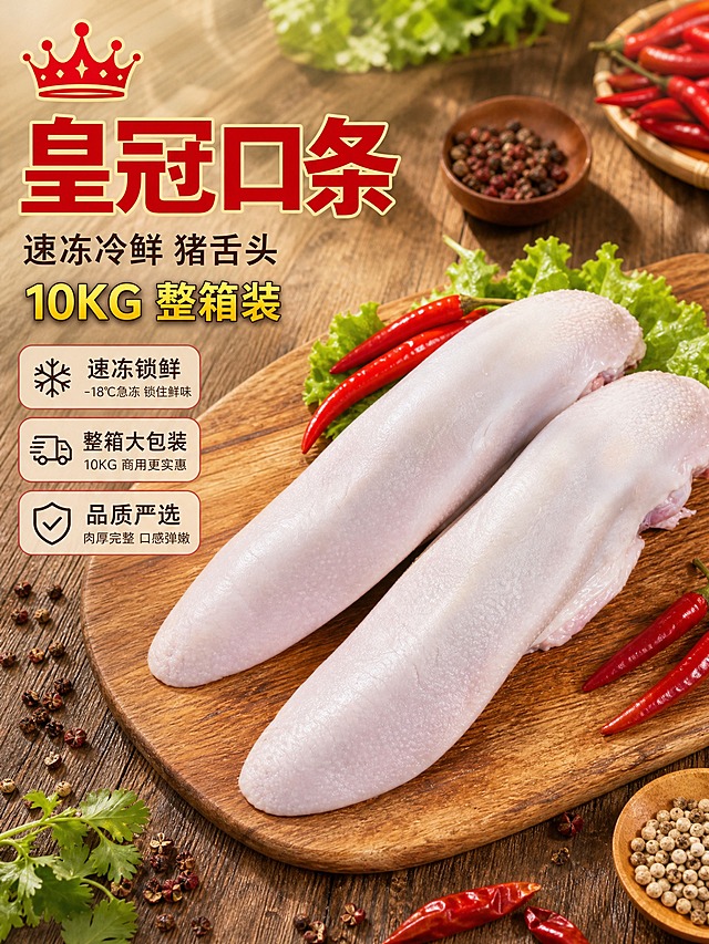 [主图-1] 商品名称：皇冠口条 速冻冷鲜 猪舌头 10KG。主题与唯一任务：拼多多首图，以整条生口条的真实形态接住点击，直白传达速冻冷鲜与整箱大包装。
[统一基调] 拼多多转化型实拍风，满版无边框大图；环境主色暖木棕，标题字色正红配亮金描边，辅助字色深棕，强调色金黄；主标题用厚重粗黑体，说明文字用细黑体；图标与标签统一为圆角半透明暖白卡片配红色描边；自然暖阳逆光，保留微距纹理与油亮食欲光泽。
[画面] 俯视微斜视角，两条完整猪舌（口条）并列略微倾斜摆放，主体占画面约 65%，置于画面右侧三分之二区域，表面洁净呈自然粉白肉色，轮廓完整不切割；左侧预留文字负空间；左上角安全区放同款红色皇冠标志，不重绘不变形；案板周边点缀干花椒、白胡椒粒、红辣椒、鲜绿菜叶作为道具；保持产品外观、结构、材质、颜色、比例与输入图完全一致，不得变形、增删或改变舌体轮廓。
[光影质感] 商业美食摄影质感，自然暖阳逆光自右上方打亮舌面，柔和湿润高光，产品与木案板之间有真实接触阴影，木纹清晰，避免死板影棚冷光与悬浮感。
[配色] 沿用当前组统一视觉，环境色暖木棕搭配辣椒红点缀，产品保持自然肉色。
[文字版式] 左侧横排文案，不竖排：第一行「皇冠口条」最大号加粗正红；第二行「速冻冷鲜 猪舌头」缩小 50% 以上用深棕；第三行「10KG 整箱装」用金黄强调；文字放在负空间不遮挡主体，放不下就换行或缩短，不拉伸压扁。
[输出要求] 比例 3:4，中文文案清晰无错字，产品清晰完整；负向：错字、乱码、模糊、画面杂乱、水印、拼多多平台 Logo、人物肢体、多余手指、穿模、绝对化用语。