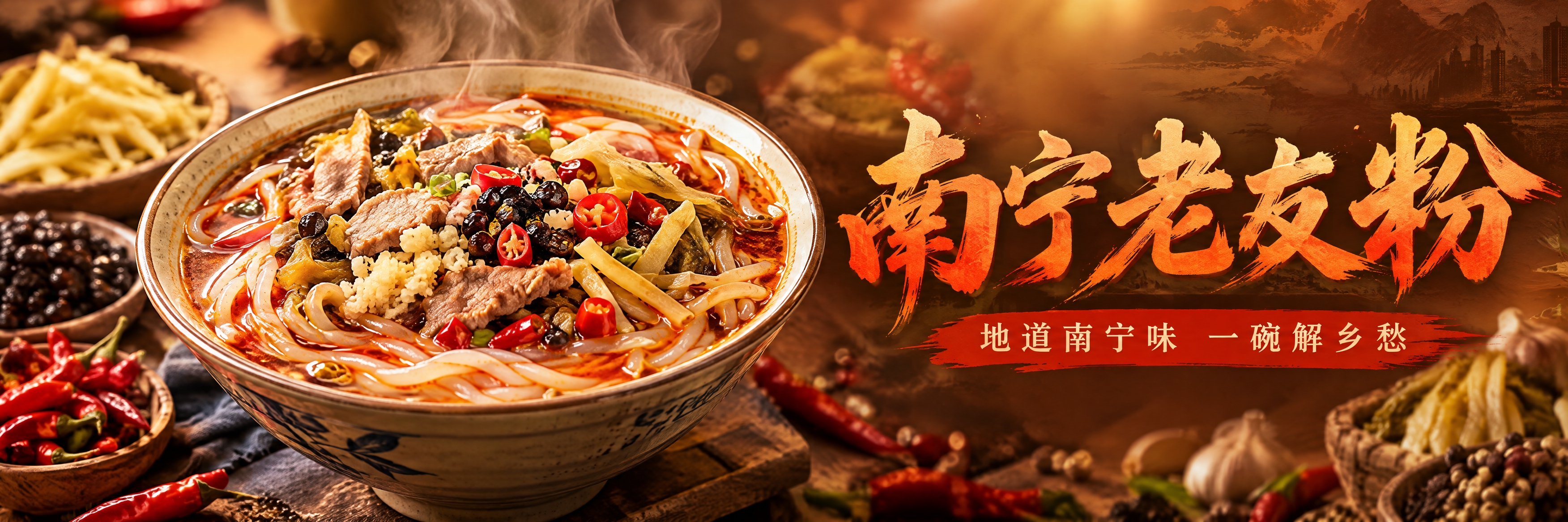 写实美食摄影风格，南宁老友粉超宽横幅海报设计，1053x264… - 图片创意预览