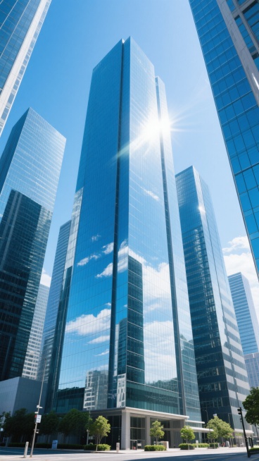 现实风格城市建筑群，以多栋现代玻璃幕墙高楼为主体，主色调为蓝色与银色渐变，玻璃表面清晰反射蓝天白云，光影明亮自然，阳光从侧上方照射形成明显阴影，建筑线条笔直挺拔，底部可见少量绿色植物和街道设施，整体画面干净简洁，无多余元素，适合作为背景素材使用，构图采用仰视角突出建筑高耸感，细节真实符合现实逻辑。预览效果