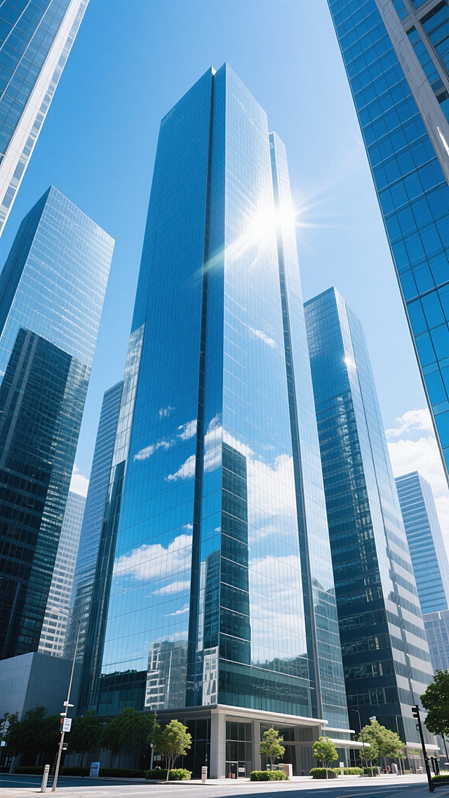 现实风格城市建筑群，以多栋现代玻璃幕墙高楼为主体，主色调为蓝色与银色渐变，玻璃表面清晰反射蓝天白云，光影明亮自然，阳光从侧上方照射形成明显阴影，建筑线条笔直挺拔，底部可见少量绿色植物和街道设施，整体画面干净简洁，无多余元素，适合作为背景素材使用，构图采用仰视角突出建筑高耸感，细节真实符合现实逻辑。