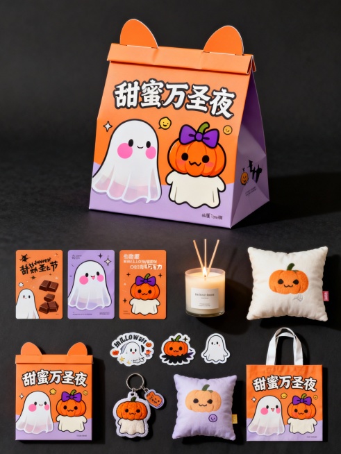 可爱搞怪风万圣节巧克力包装，Q版萌鬼怪形象，包括腮红幽灵和蝴蝶结南瓜怪，主色调为马卡龙橙、淡紫色和奶白色，包装材质为软质matte膜，顶部有可折叠耳朵设计，附赠同款贴纸，字体采用卡通手写体并添加小表情预览效果
