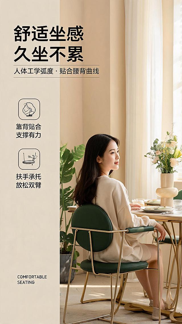 [第5张] 沉浸体验页-模特坐姿舒适使用态。本张使用【图1】绿色款作为商品主体。
[氛围/风格] 温馨居家生活方式风，自然真实，商业人像摄影质感。
[元素布局] 绿色餐椅置于画面右侧，一位亚洲年轻女性侧身优雅坐在餐椅上，手搭扶手，姿态放松自然；背景为现代轻奢餐厅场景，含餐桌、花艺、餐具、窗帘、绿植共5种以上软装元素；餐椅结构、绿色西皮颜色、钛金框架与输入图绿色款完全一致。
[光影质感] 窗边自然光为主，柔和漫射，人物与餐椅光影自然，暖调氛围，整体明亮舒适。
[配色色系] 全局底色#F5F0E8（米杏暖调）；主色绿色餐椅+暖调场景；辅助色米白+钛金点缀。
[视角构图] 侧面45°视角，中景人像，浅景深，阅读动线左上标题→中部人物餐椅→底部体验文案。
[文字版式] 左文右景版式。主标题「舒适坐感 久坐不累」，副标题「人体工学弧度 · 贴合腰背曲线」；下方2条体验标签「靠背贴合 支撑有力」「扶手承托 放松双臂」；底部英文装饰「COMFORTABLE SEATING」；文字不遮挡人物与椅身主体。
[比例分辨率] 9:16竖版比例，2K分辨率，文字清晰可辨，高清画质。
[负向提示词] 椅身变形，人物畸形，缺件错件，颜色偏差，水印，文字错乱，场景杂乱。