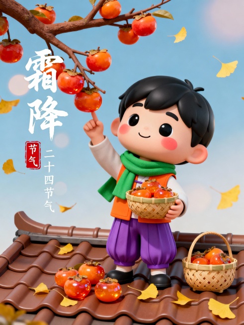 3D卡通插画风格，画面主体为绿色围巾的卡通可爱小男孩，身体比例夸张，头大身体小，面部圆润带红色不明显的腮红，黑色大眼睛呈微笑状，身着橙色背心与紫色灯笼裤，右手高举指向挂满橙红柿子的树枝，左手捧着装满柿预览效果