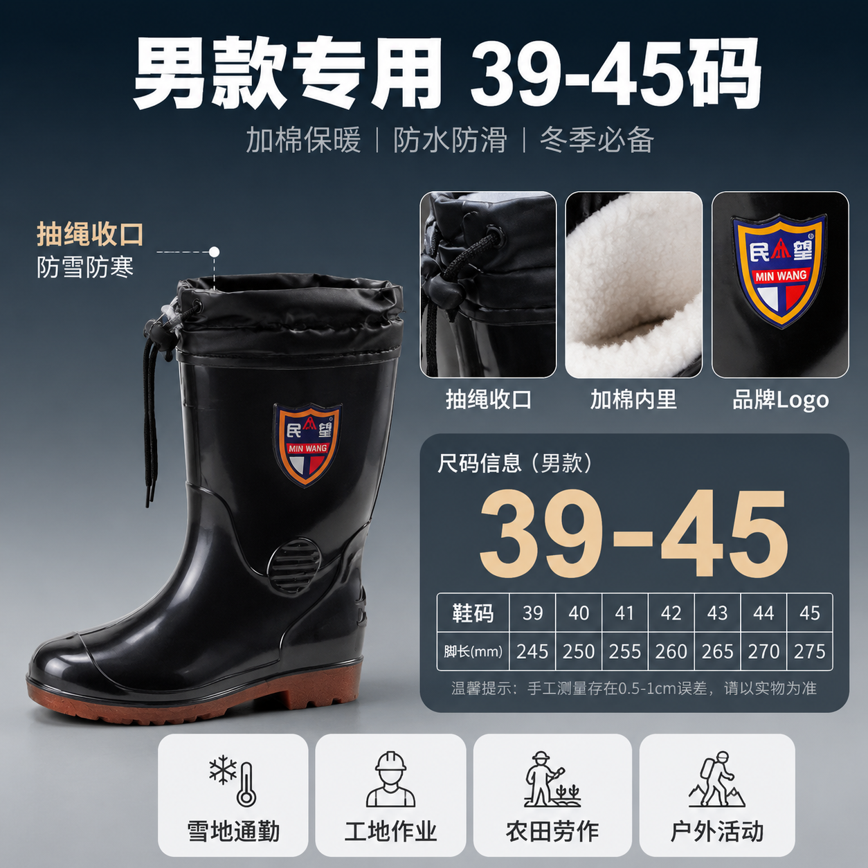 [主图-5] 民望男款冬季加棉雨鞋细节+尺码说明图。 [统一基… - 图片创意预览