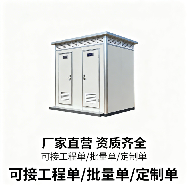 淘宝白底产品图，纯白色背景（RGB255,255,255），居中展示镀锌方管吊装厕所整体外观，清晰展示产品结构，下方配文字"厂家直营 资质齐全""可接工程单/批量单/定制单"，简洁无衬线字体，无多余装预览效果