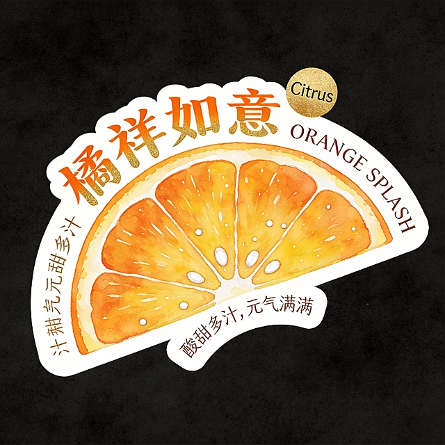 异形卡片，整体为半圆形橘子切片轮廓，卡片白色底色带清晰白色粗描边，整体放置在纯黑背景上。主体是橙黄饱满的橘子切片，带有白色果络与籽点，水彩质感清爽明亮。文字全部环绕在水果外围排版：主标题"橘祥如意"使用国风隶书体，颜色为橘橙加金箔渐变，小字标语"酸甜多汁，元气满满"使用手写体沿底部弧形排列，右上角添加烫金圆形小标"Citrus"，英文"ORANGE SPLASH"置于右侧边缘，文字不遮挡主体，排版温暖高级