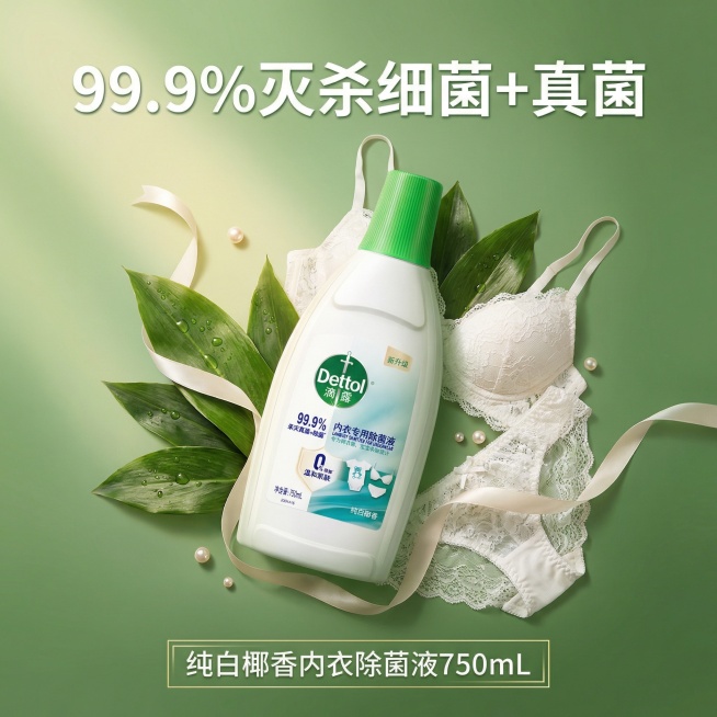 浅绿色渐变背景，点缀自然绿叶，画面中滴露纯白椰香内衣除菌液750mL产品瓶与内衣装饰错落摆放，上方突出显示"99.9%灭杀细菌+真菌"，下方加框标注"纯白椰香内衣除菌液750mL"，整体营造轻奢高级氛预览效果