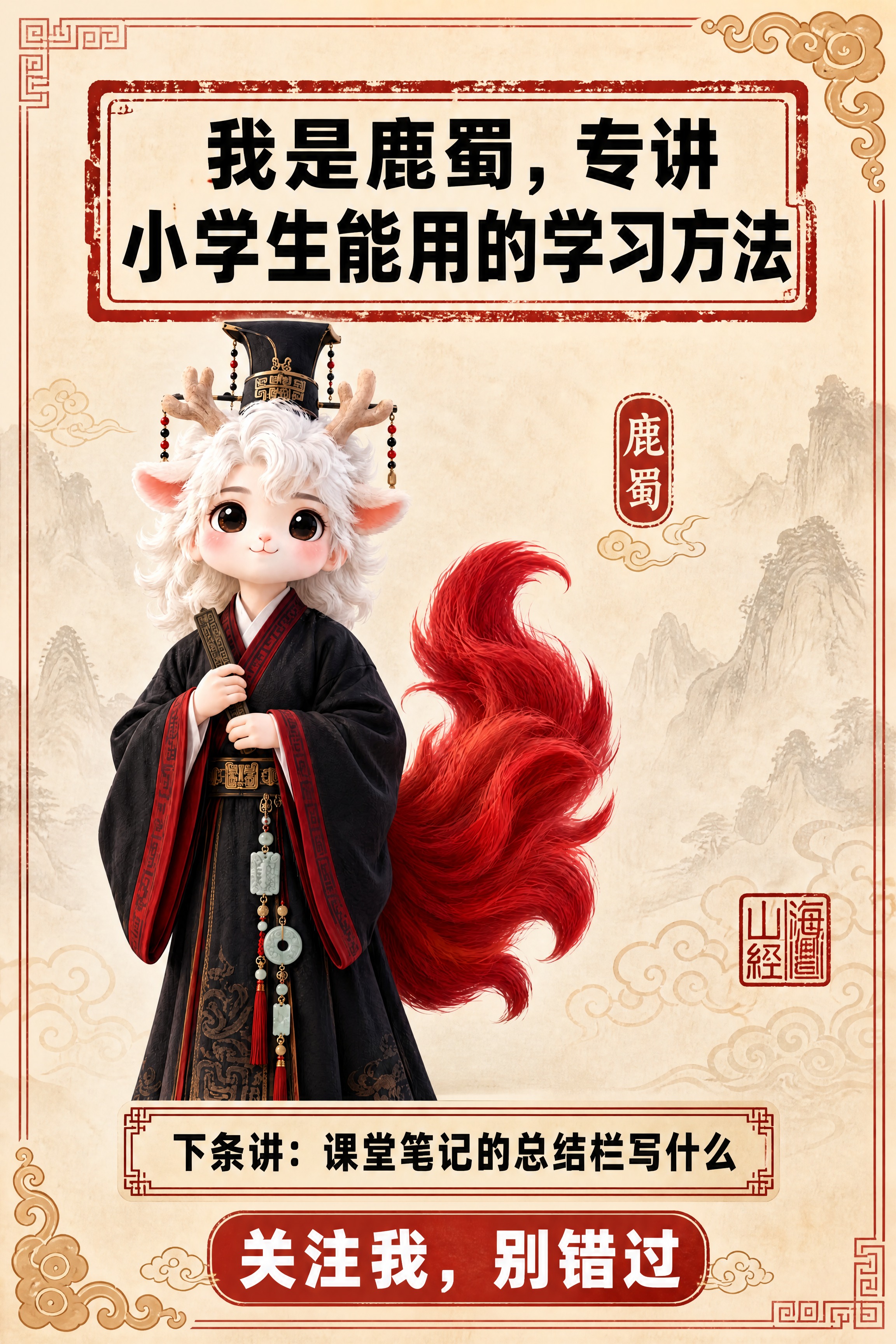 小红书笔记结尾页，统一模板，国风山海经风格，米黄色宣纸纹理背景… - 图片创意预览