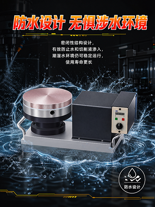 [第4屏] 防水设计卖点展示屏。
[氛围/风格] 功能演示风格，黑色工业背景，直观演示防水性能，专业科技感。
[元素布局] 使用【图1】旋转磁台产品主体放在画面中心偏下位置，保持产品结构、材质、颜色不变。在产品工作区域添加水雾喷射效果演示，用透明水流效果直观展示防水，产品周围保留金属 machining 车间环境元素作为背景点缀，不抢主体。主体占画面约65%，演示元素自然环绕。
[光影质感] 水流反光清晰，产品金属边缘高光明显，背景暗调突出主体，层次感强。
[配色色系] 全局底色：#1A1A1A（纯黑）；水流透明浅蓝点缀，红色标注防水性能，黄色作为装饰线，文字白色。
[视角构图] 中心主体构图，45度斜侧视角展示产品和防水演示效果，空间感强。
[文字版式] 顶部主标题"防水设计 无惧涉水环境"红黄渐变白色描边大字，突出主题；下方说明文字"密闭性结构设计，有效防止水和切削液渗入，潮湿水环境仍可稳定运行，使用寿命更长"白色分段排版；右下角加防水标识图标，整体布局疏朗，文字不遮挡产品演示区域。
[比例分辨率] 3:4竖版比例，4K分辨率，文字清晰可辨。
[负向提示词] 产品变形，结构错误，水流过度遮挡主体，文字模糊，颜色偏差，水印。
