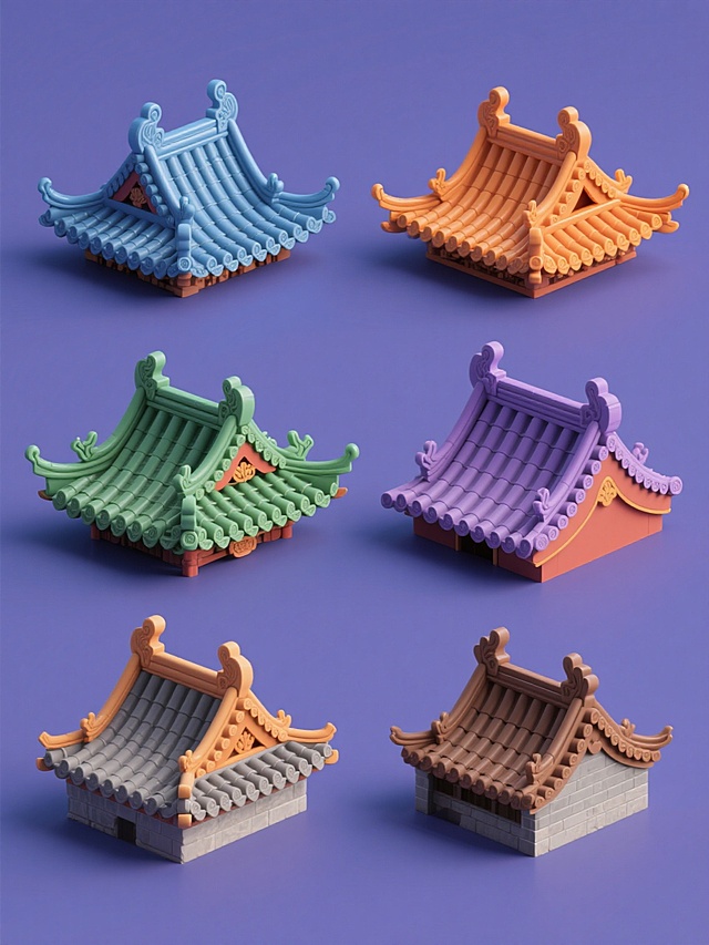 一系列6个不同造型的中国传统建筑屋檐装饰，保持3D写实风格和精细的瓦片纹理、飞檐翘角结构，整体色彩变换为蓝色系、绿色系、橙色系、紫色系、灰色系、棕色系，每个屋檐造型各异（如庑殿顶、歇山顶、硬山顶等），均以纯色背景独立呈现，规整排布成集合素材，无文字信息，突出传统建筑装饰的对称美感与材质细节。