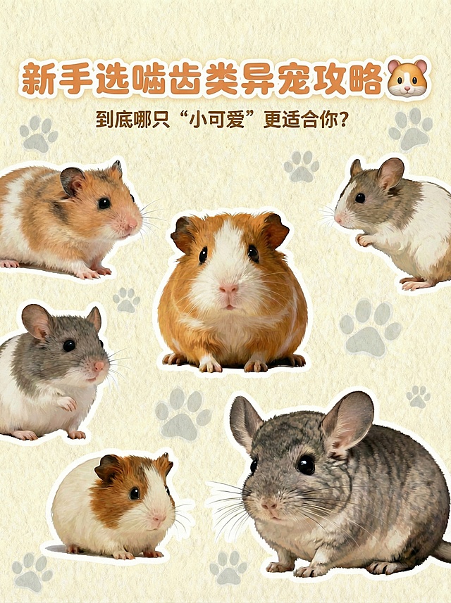 修正标题为“新手选啮齿类异宠攻略🐹”，副标题为“到底哪只‘小可爱’更适合你？”，标题使用暖姜黄色圆润字体（#F4A460），中等字号，带白色软边高光，保持奶油米色（#FFFDD0）磨砂纹理背景和低透明度浅灰色小爪印装饰