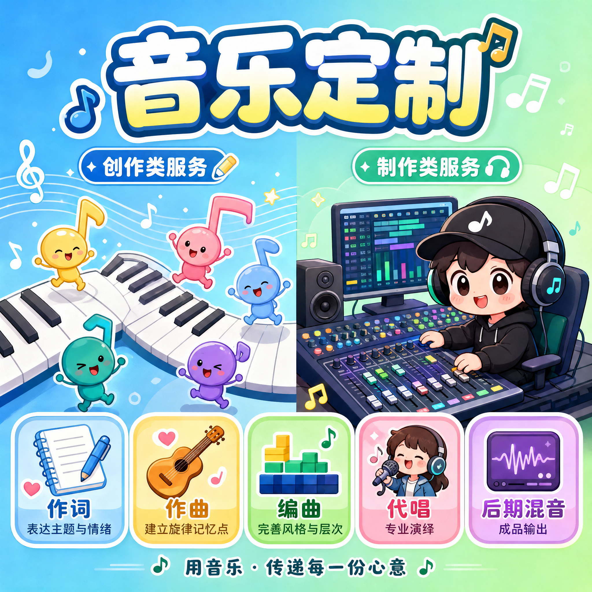 卡通风格音乐制作宣传图，1:1正方形构图，画面分为左右两部分，… - 图片创意预览