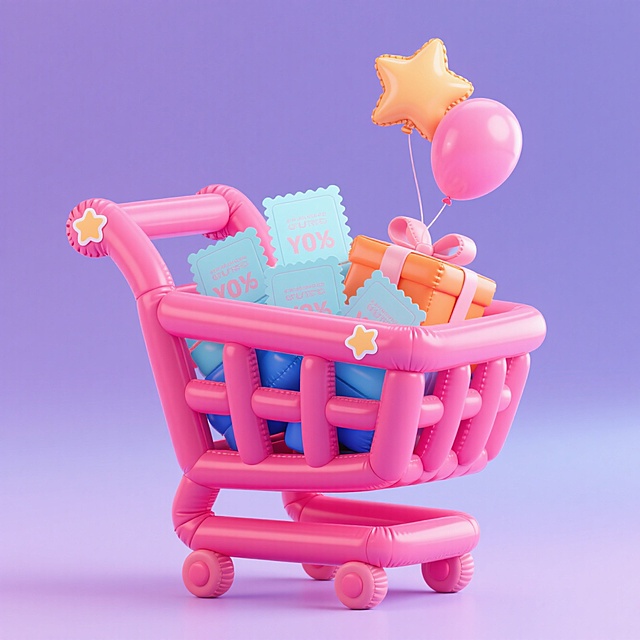 软3D风格购物车，充气感设计，搭配波普艺术色系，满载糖果色礼盒与气球，萌趣可爱，甜蜜氛围拉满，适合双11节日促销场景。