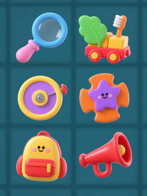 一套6个不同元素的儿童玩具用品集合，每个元素都采用圆润可爱的卡通3D风格，纯色背景，色彩鲜艳明快，高光泽度材质，柔和光影效果，元素类目保持一致，整体呈规整的网格状排布，元素包括：蓝色手柄粉色边缘放大镜、黄色发条红色底座小火车、绿色叶子造型儿童牙刷、橙色圆形积木拼图、紫色星星图案小书包、红色塑料小喇叭，每个元素都有清晰的轮廓和细节，适合儿童产品宣传海报设计，视觉层次分明，信息传达高效，符合儿童审……预览效果
