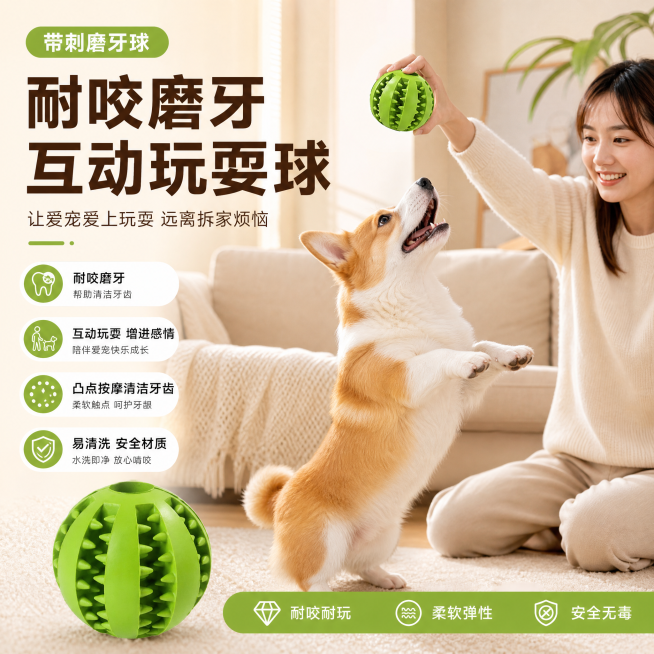 电商宠物玩具商品卡，绿色带刺磨牙球，主人在家和柯基互动玩耍玩具，温馨居家风格，带卖点文字排版，参考示例构图，1:1正方形预览效果