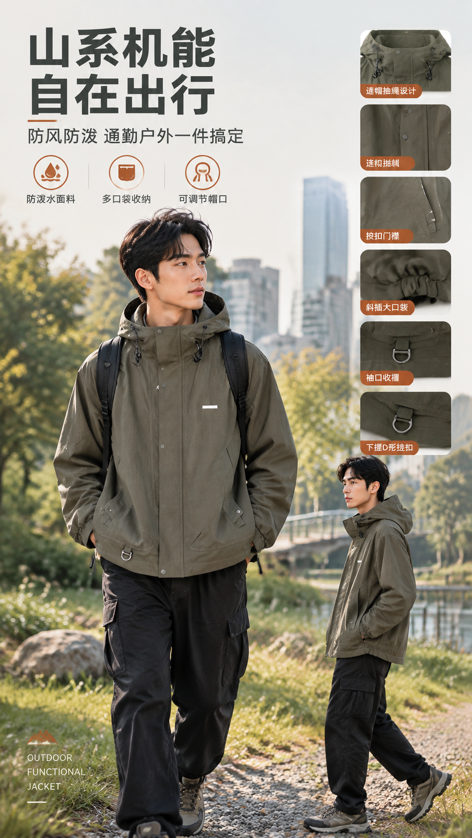 [商品] 使用【图1】橄榄灰绿色连帽机能外套；商品处理：保留连… - 图片创意预览