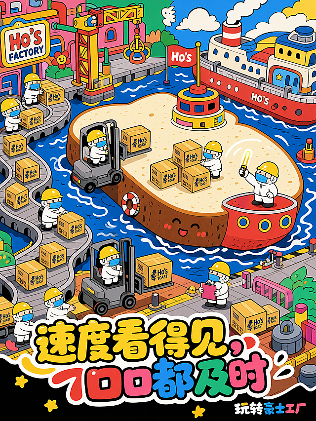参考例图画面风格，美式潮流扁平涂鸦插画，粗黑轮廓勾边，高饱和明快纯色，图片同款卡通肌理，无渐变杂乱阴影，块面平涂上色，卡通 Q 版趣味构图。主体构图：画面正中心横卧巨型无边吐司作为“货轮”，吐司呈水平方向，大量圆润身形的迷你小人，全员身穿纯白色无菌工作服，戴着蓝色口罩，头部加戴黄色安全帽（纯色明黄平涂）。小人们分散在码头区域：有的驾驶小型叉车（银灰色+黑色轮子）将成品箱从传送带运上吐司货轮；有的站在“船头”挥动发光指挥棒（光轨用白色粗线）；有的在操作传送带开关。画面左侧：波浪形起伏的传送带（浅灰色，粗黑波浪轮廓线），传送带上托着一个个小成品箱，箱子向吐司货轮运输。文字排版：画面最底部放置圆润卡通艺术字体「速度看得见，口口都及时」，画面右下角小字艺术字「玩转豪士工厂」