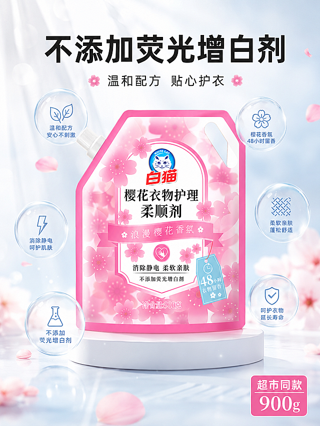 [主图-3] 樱花柔顺剂配方安全展示图。
[氛围风格] 纯净安心的品质展示风格，干净通透；
[画质] 商业摄影质感、光线柔和通透、产品清晰真实、画面干净高级。
[元素] 白猫樱花衣物柔顺剂袋装产品放置在画面中央，周围用气泡阵列展示核心成分，突出不添加荧光增白剂。保持产品外观（物理结构、材质质感、颜色）与输入产品图绝对一致，杜绝任何变形和色差，精细化处理。商品主体占比严格控制在60%-70%；画面满屏无边框。
[光影] 柔和侧逆光，突出产品包装清透质感，成分气泡带有通透高光，整体干净明亮。
[配色] 浅白色背景搭配产品粉色，气泡浅蓝色透明质感，整体纯净柔和。
[视角构图] 中心对称构图，产品居中，成分环绕展示。
[文字版式] 顶部大字写"不添加荧光增白剂"，黑色粗体居中；下方小字标注"温和配方 贴心护衣"；右下角标注"超市同款 900g"。文字都放置在负空间，不遮挡主体。
[比例分辨率] 3:4比例，4k分辨率；文字清晰锐利，画面超高清。
[负向提示词] 变形，水印，文字错乱，产品图模糊，背景杂乱，遮挡产品主体