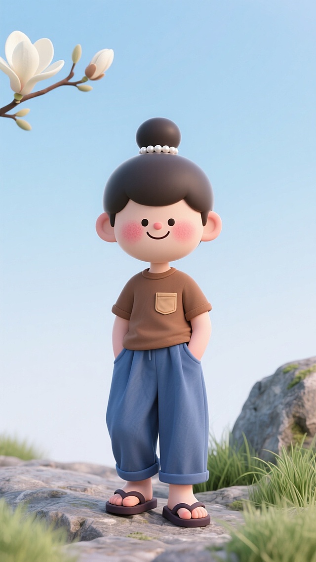 软3D风卡通形象，可爱女孩站于石上，背景清新自然，充满童趣与温馨。