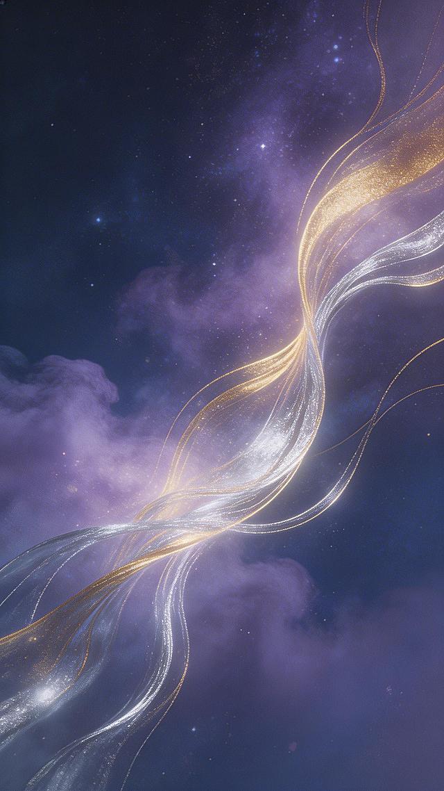 古风浪漫深情星河，金色与银色的光芒交织，如金风与玉露相遇，弥漫在星河之间。画面抽象而梦幻，没有具体人物，只有光与星云的流动。色调以暖金、淡紫、深蓝为主，无任何文字