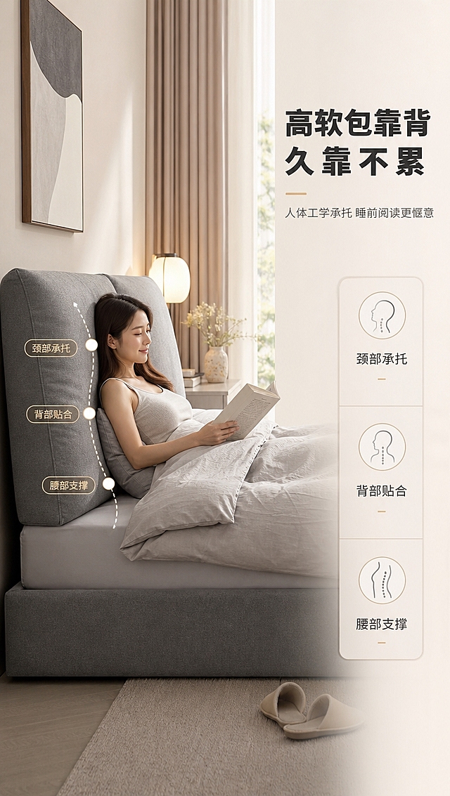 [商品] 使用【图1】灰色意式简约布艺软包床；商品处理：保留高软包双靠背、低床箱、方正造型、灰色布艺材质、整体比例和结构；自然理顺面料褶皱，增强布艺纹理质感，不改变版型和颜色。
[画面] 目标：靠背舒适体验页，真人倚靠使用态，直观展示高软包靠背的人体承托与舒适度。右文左景构图，左侧2/3为场景主体，右侧1/3为文案区；一位亚洲年轻女性半躺倚靠在床靠背上，手持书本，姿态放松自然，背部与靠背完全贴合；床品为浅灰色系，与床身协调；背景为卧室温馨场景，床头有小台灯和装饰；暖黄色床头灯光+自然光混合，营造睡前休闲氛围。
[视觉] 套系策略：风格=意式极简高级商业摄影，亮色调轻奢氛围；标题字=现代无衬线粗体（思源黑体Heavy）；正文字=简洁无衬线体（思源黑体Regular）；主色=高级灰+暖米白；背景延展=基于暖米白做深浅层级、同色渐变和细腻哑光质感；强调色=香槟金，仅用于小面积图标、引线、标签和装饰线条；标题色=深炭灰；正文色=中暖灰；组件=细线信息卡、香槟金引线、圆形icon；光影=暖调混合光，柔和舒适。
[文字] 右侧文案区：主标题「高软包靠背 久靠不累」（8字），副标题「人体工学承托 睡前阅读更惬意」（14字），下方3个卖点「颈部承托」「背部贴合」「腰部支撑」配小图标；画面左侧靠背上叠加人体倚靠弧线标注，显示贴合曲线。
[规格] 图片比例9:16竖版，4K分辨率，淘宝/天猫详情页适配，中文文案；避免变形、错字、文字过小、冷蓝背景、床结构改变、颜色失真、极限词、低俗姿势。