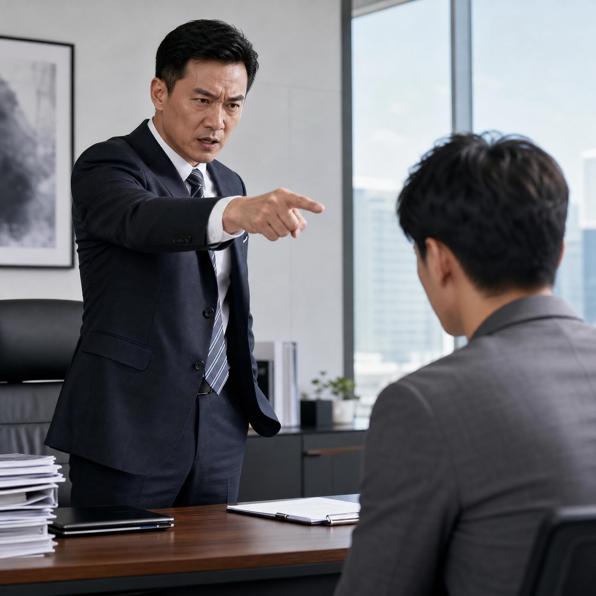 展示职场不礼貌的一指禅手势：一位商务人士伸直一根食指指向对面的… - 图片创意预览