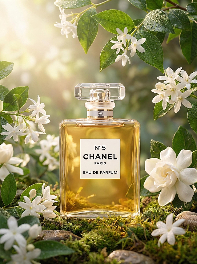 奢华感与优雅感交织，香奈儿五号香水置于绿意盎然的自然景致中，光影柔和，水珠点缀花瓣，营造出清新、唯美的浪漫氛围，重拟物风与实景感完美融合，尽显玻璃瓶身的通透质感。