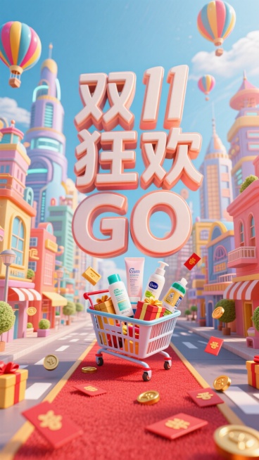 上方文字 “双11狂欢 GO”。中间是充满未来感与童话色彩的城市街景，有奇特造型的建筑、热气球等元素，增添了梦幻感。中间悬浮着透视感强的商品为主要视觉中心，如洗护日化用品、购物篮、礼盒等，下方红地毯上预览效果