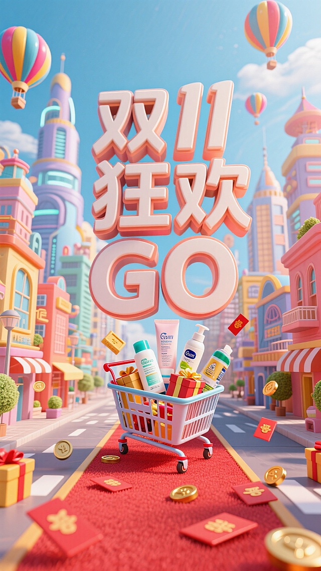 软3D风卡通城市，梦幻热气球飘浮，购物车满载礼物与商品，红毯铺展，喜庆红包与金币散落，波普色彩碰撞，虚拟现实感十足，双11狂欢氛围拉满。