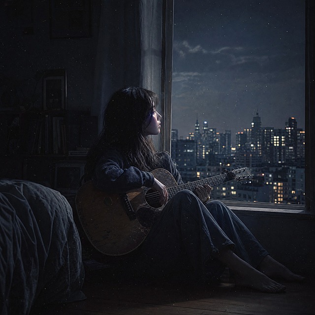 夜晚卧室窗边场景，昏暗的房间里只有窗外城市的微光透进来，一位女歌手坐在窗边的地板上，抱着一把旧吉他，侧脸被窗外的月光和远处的城市灯火微微照亮，房间里有漂浮的尘埃颗粒，窗外是深夜的城市建筑群，安静、沉思、内省的情绪，低饱和度色调，柔和的环境光，细腻的情感表达，无任何文字