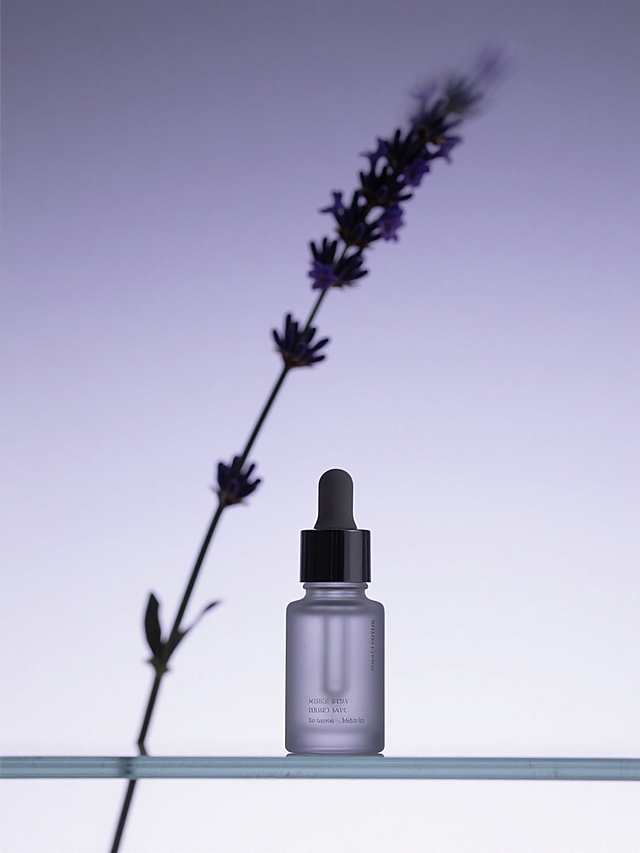 一瓶精华特写，玻璃台子，背后是一枝动态模糊有残影的薰衣草，淡紫色渐变背景，暗调