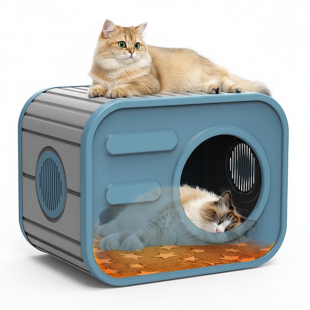 在参考图1基础上生成猫窝顶部慵懒趴着一只圆眼金渐层长毛猫（好奇表情），露出好奇表情，猫咪头部朝向在左，画面干净通透，色调柔和温暖，质感像高清商品展示图，背景纯白无杂物。高清，4k