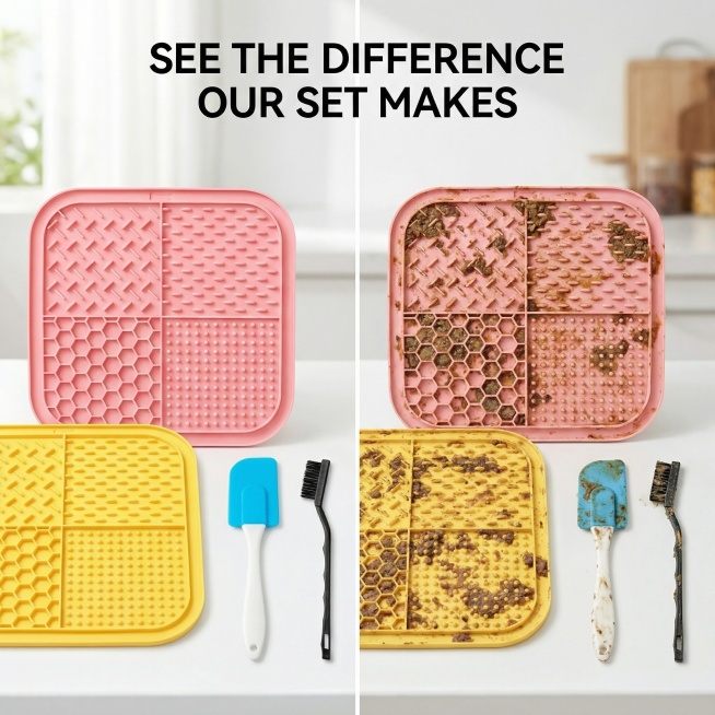 欧美跨境电商详情图，左侧展示使用本产品清洁后的干净餐具，右侧展示未使用的脏污餐具，形成对比，搭配英文文字"SEE THE DIFFERENCE OUR SET MAKES"，字体使用现代无衬线体，产品预览效果