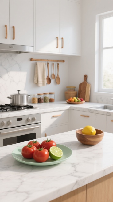 软3D风格的现代简约厨房场景，整体采用明亮的白色调为主，搭配原木色的温暖点缀，营造出清新自然且宁静舒适的氛围。画面以大理石纹理的白色厨房台面为视觉焦点，台面上放置一个浅绿色的盘子，里面装有几颗鲜红饱满的西红柿和被切开的青柠。台面右侧边缘有一个木碗，里面放着一个黄色的柠檬。背景中，白色的橱柜带有简约的木质把手，橱柜上方的墙壁上挂着一个木质挂杆，上面挂着几条浅色的毛巾和几个不同大小的木质锅铲、汤勺……预览效果