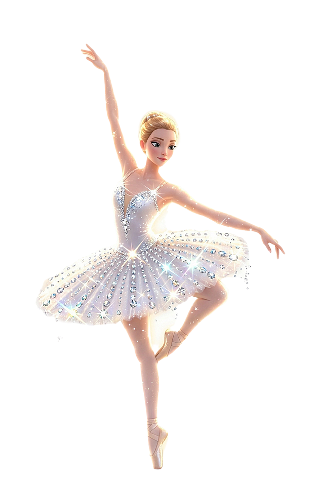 皮克斯风格，舞者身上闪闪发光，小天鹅服上贴着水晶镶钻，闪闪发光