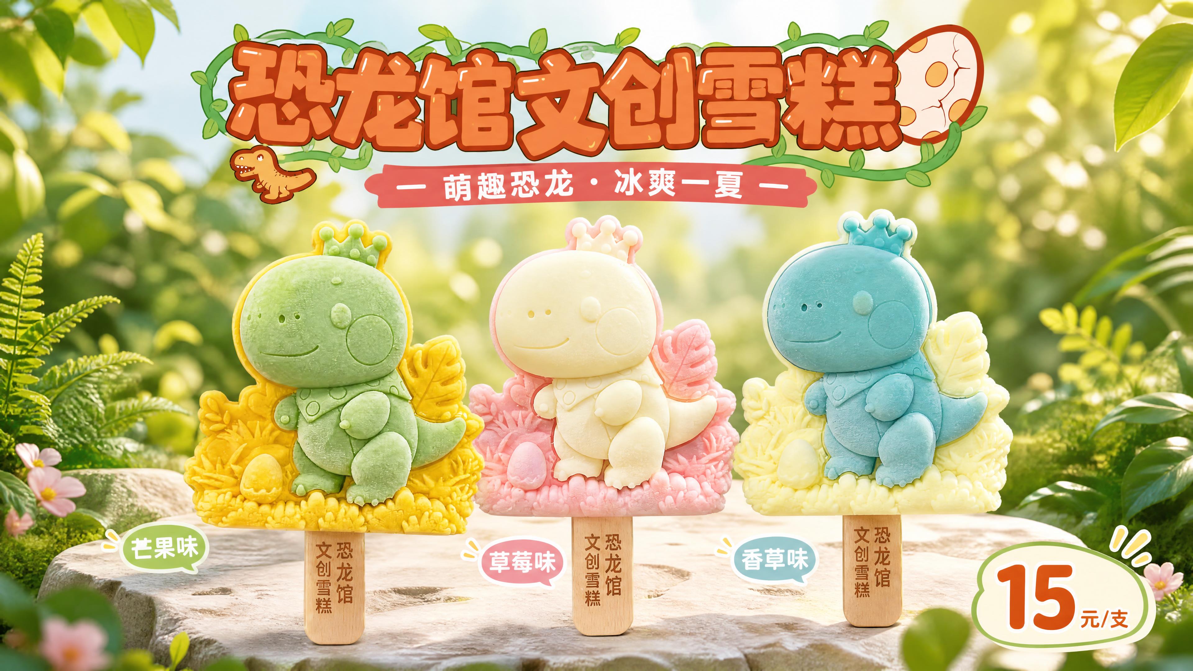 参考图4的海报版式和风格，生成一张16:9横版的恐龙馆文创雪糕… - 图片创意预览