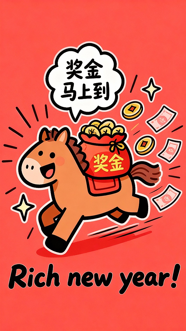 国潮风插画，卡通拟人马驮奖金袋奔腾，描边风格突出，喜庆红底配金币纸钞飞舞，传递新年财富祝福。