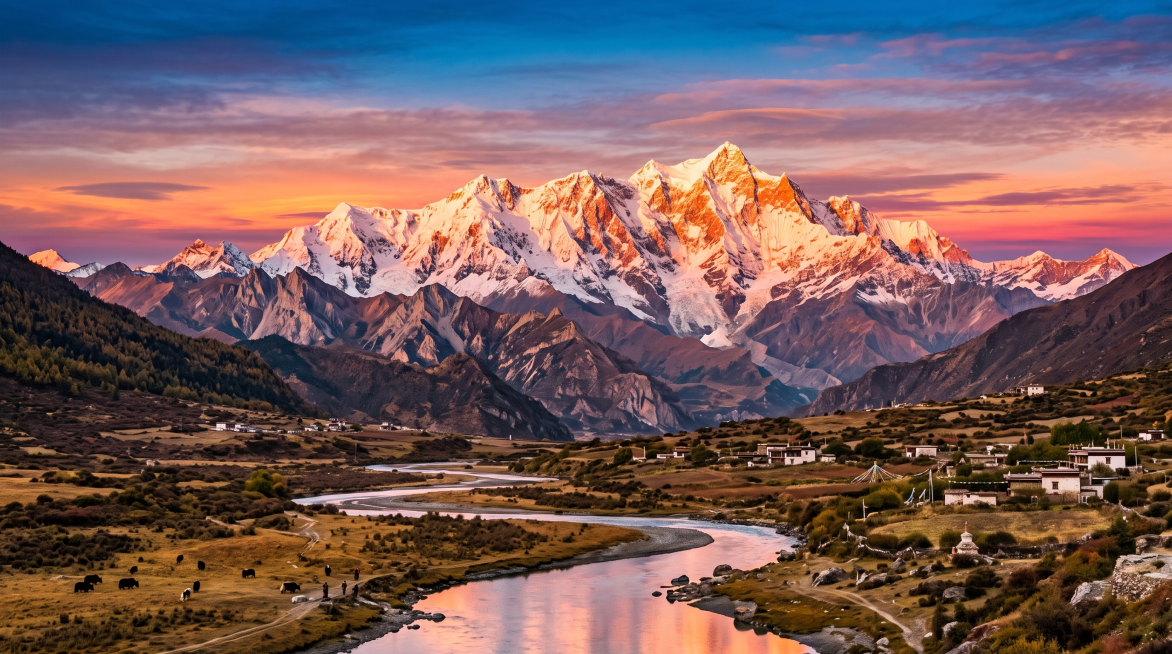 傍晚夕阳下，橙蓝渐变天空，巨大雪山被霞光染色，层次丰富的高原雪山风光预览效果