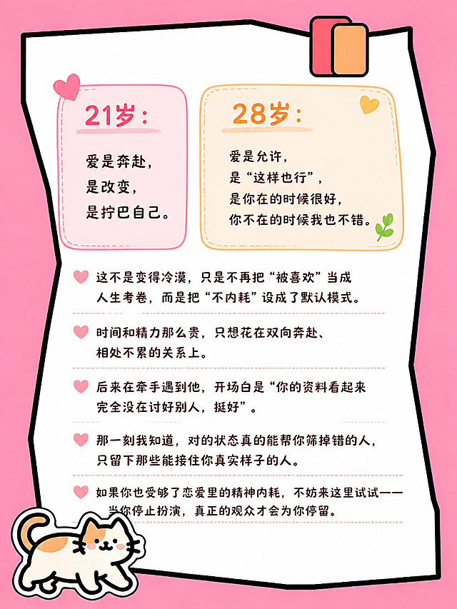 在这张空白底图上，参考第一张图的排版风格和配色，第一组保持左右对比排版，后续段落通栏排版，保持粉色背景、白色便签纸、左下角猫咪装饰、右上角夹子装饰不变，整体可爱卡通粉色温馨风格，文字清晰排版整齐。具体文字内容：
第一组左右对比：
左侧粉色框：21岁：爱是奔赴，是改变，是拧巴自己。
右侧橙色框：28岁：爱是允许，是“这样也行”，是你在的时候很好，你不在的时候我也不错。🌿
下方通栏段落文字：
这不是变得冷漠，只是不再把“被喜欢”当成人生考卷，而是把“不内耗”设成了默认模式。
时间和精力那么贵，只想花在双向奔赴、相处不累的关系上。
后来在牵手遇到他，开场白是“你的资料看起来完全没在讨好别人，挺好”。
那一刻我知道，对的状态真的能帮你筛掉错的人，只留下那些能接住你真实样子的人。
如果你也受够了恋爱里的精神内耗，不妨来这里试试——当你停止扮演，真正的观众才会为你停留。