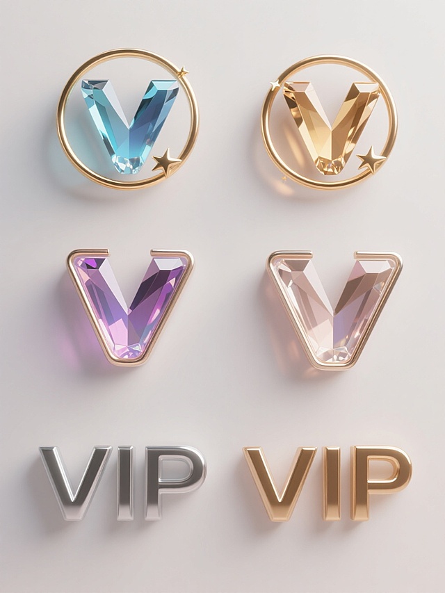 一系列6个不同配色、不同样式、不同材质的「VIP」造型规整排布，整体造型简约现代，采用纯色背景，无任何文字、logo及水印。每个VIP造型均呈现3D立体效果，拥有光滑的金属质感边框和透明渐变的宝石状主体，内部「V」字母具有光泽感和立体感，部分造型带有环绕的金色圆环及小星星装饰，整体光影明亮柔和，高光与阴影过渡自然，色彩搭配和谐且富有层次感，设计风格统一且符合现代审美。