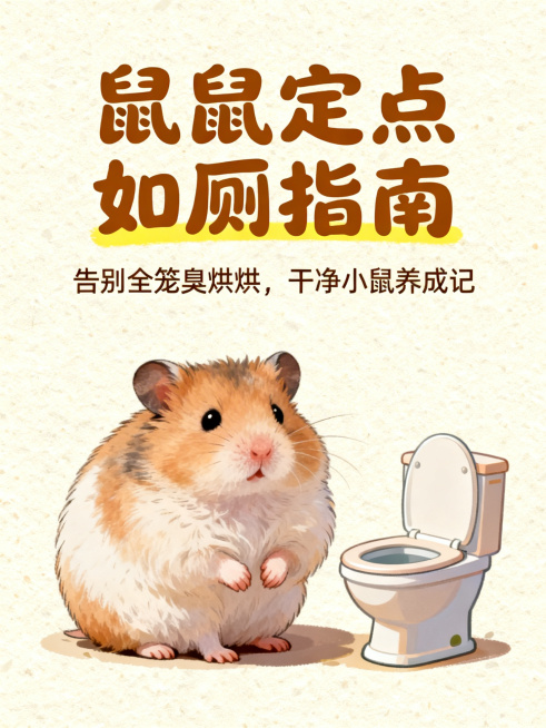淡奶油色磨砂纹理背景，一只圆滚滚的可爱仓鼠正乖巧地坐在小厕所旁边，画面上方是大号焦糖棕圆润手写体标题“鼠鼠定点如厕指南”，带黄色高光底线，下方是稍小同字体副标题“告别全笼臭烘烘，干净小鼠养成记”，背景预览效果