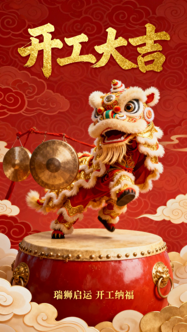 开工大吉主题竖版海报，国潮风格，画面有醒目的烫金书法字体"开工大吉"，搭配舞狮、锣鼓元素，背景为传统红色祥云纹，底部有"瑞狮启运 开工纳福"金色小字，整体充满传统年味预览效果