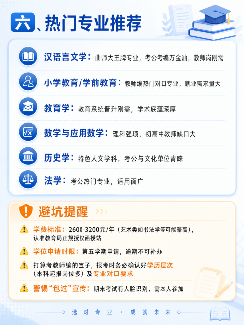 延续前三张浅蓝色教育风格竖版海报，统一浅蓝色背景和商务字体，包含以下文案排版清晰："六、热门专业推荐\n汉语言文学：曲师大王牌专业，考公考编万金油，教师岗刚需\n小学教育/学前教育：教师编热门对口专业预览效果