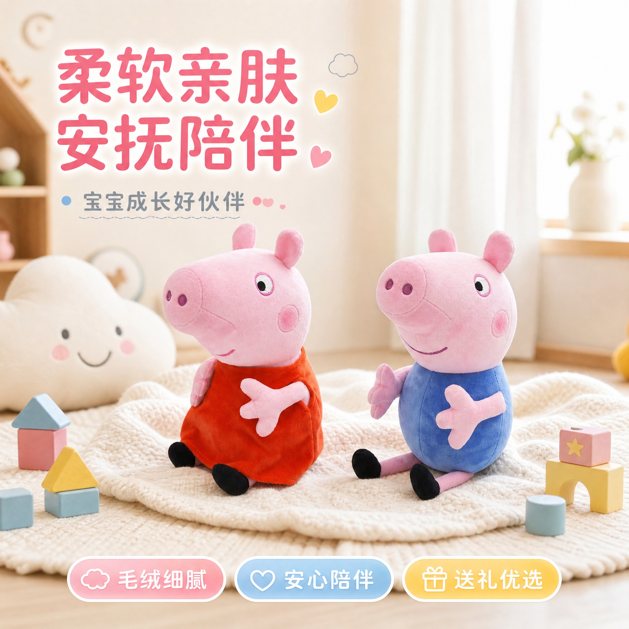 [主图-1] 小猪佩奇与乔治毛绒公仔母婴风首图，突出柔软亲肤与… - 图片创意预览